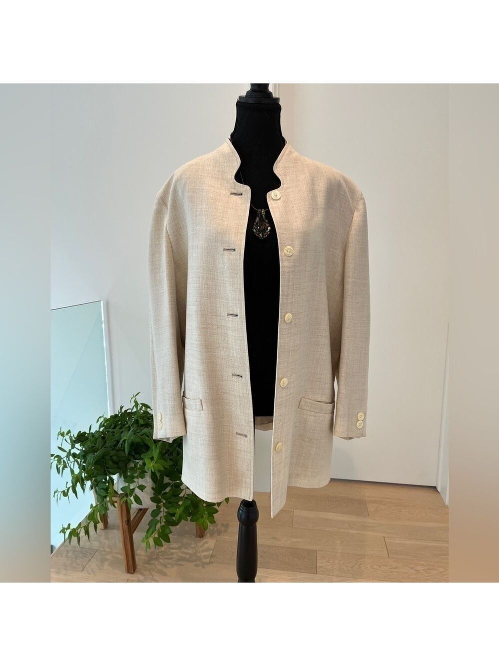 JAEGER Vintage Cream Linen Blend Lined Long Jacket Neutral Coastal Classic Chic
